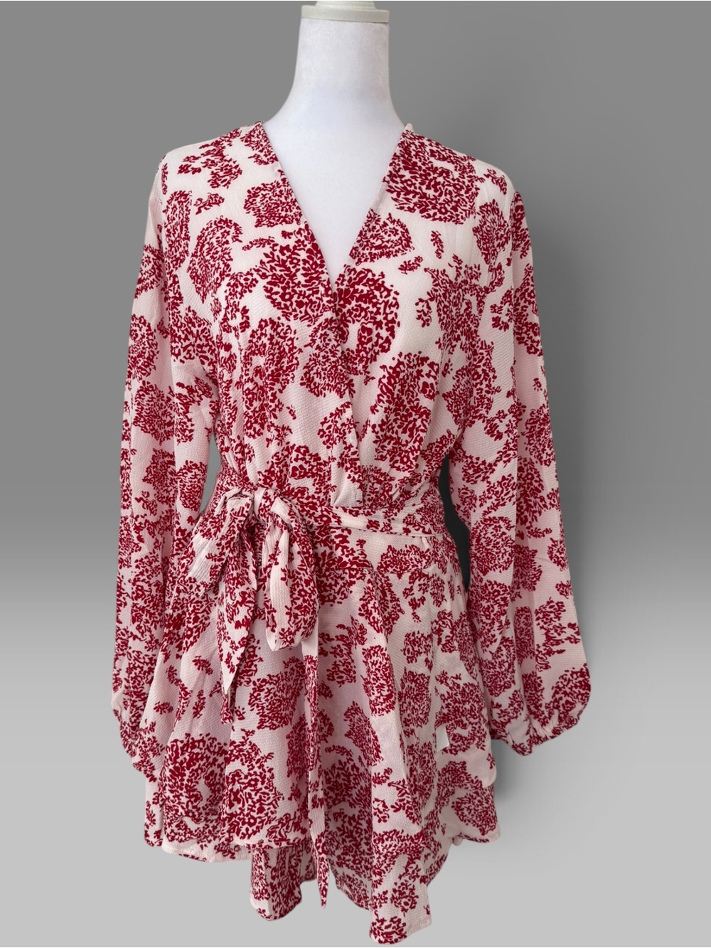 Red Floral Wrap Romper with Tie Waist